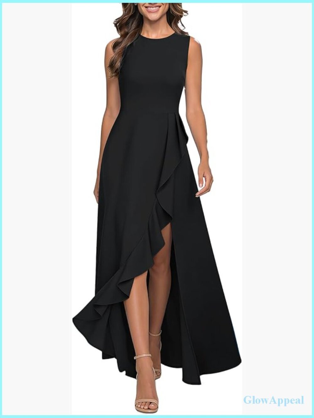 Sleeveless Round Neck Ruffle Side Formal Maxi Dress with Back Zipper